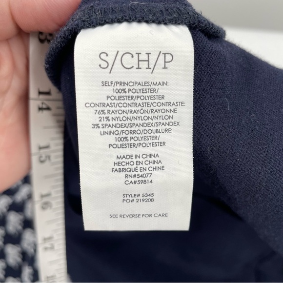 Cabi Elephant Parade Navy White Chiffon Overlay Banded Knit Body/Bottom Zip Top - Picture 9 of 11